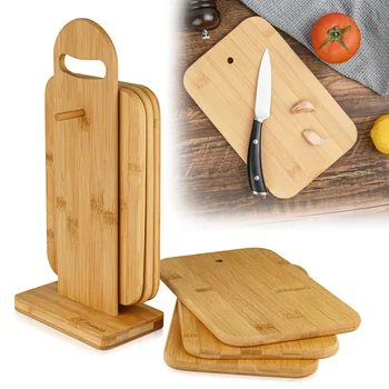 

4pcs/6pcs Durable Bamboo Round Square Cutting Board Set With Stand Kitchen Accessory JS23