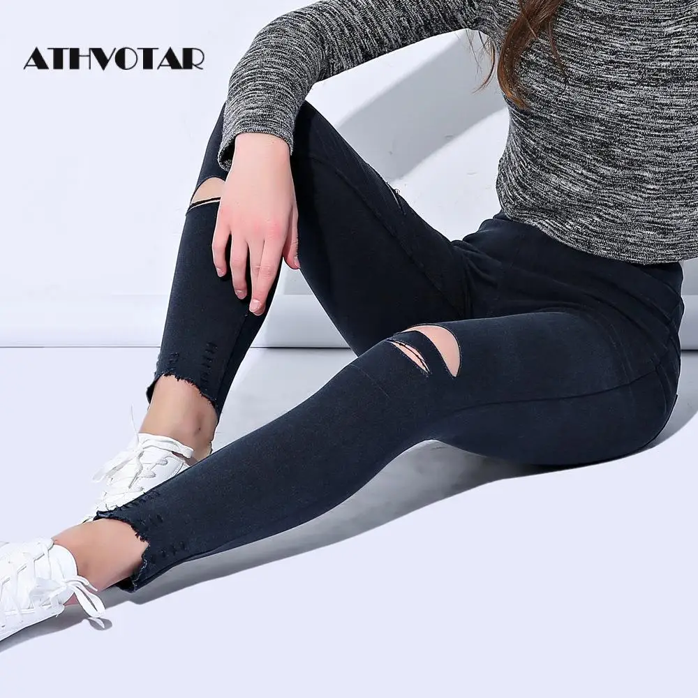 ATHVOTAR размера плюс M-5XL рваные джинсы женские джеггинсы крутые джинсы с высокой талией обтягивающие джинсы брюки-карандаш черные