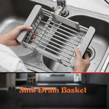 

Kitchen Retractable Sink Drain Basket Stainless Steel Dish Rack Cutlery Sponge Holder Sink Filter Water Baskets Kitchen Supplies