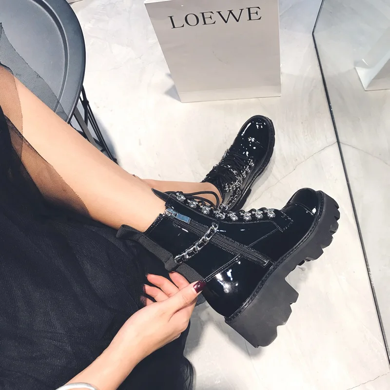 Ceny EGONERY Rock punk kobiety buty okrągłe toe zamek lakierki med 5cm obcas platformy wiązane krzyżowo kobiety retro na przyjęcie botki