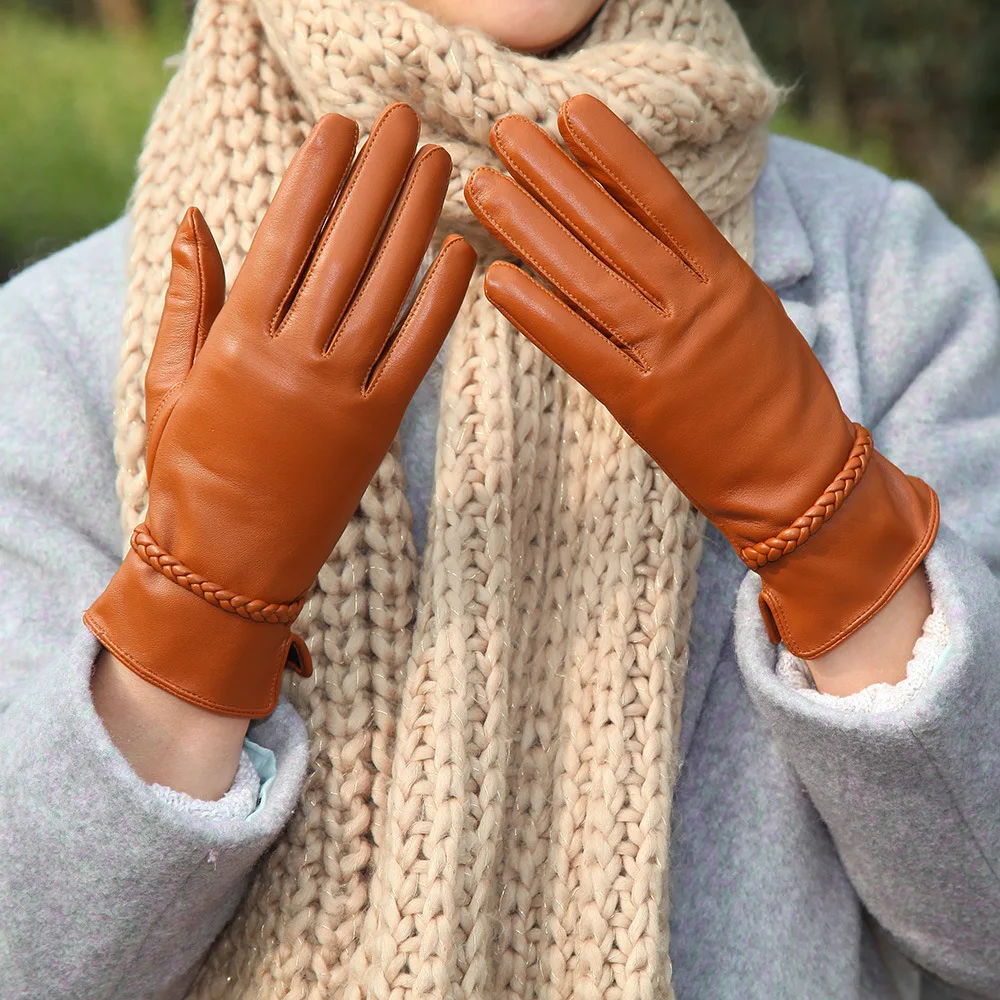 

2020 Latest Gloves Lambskin Real Leather Gloves Female Plus Velvet Thicken Winter Warm Driving Sheepskin Woman's Gloves DQ234L