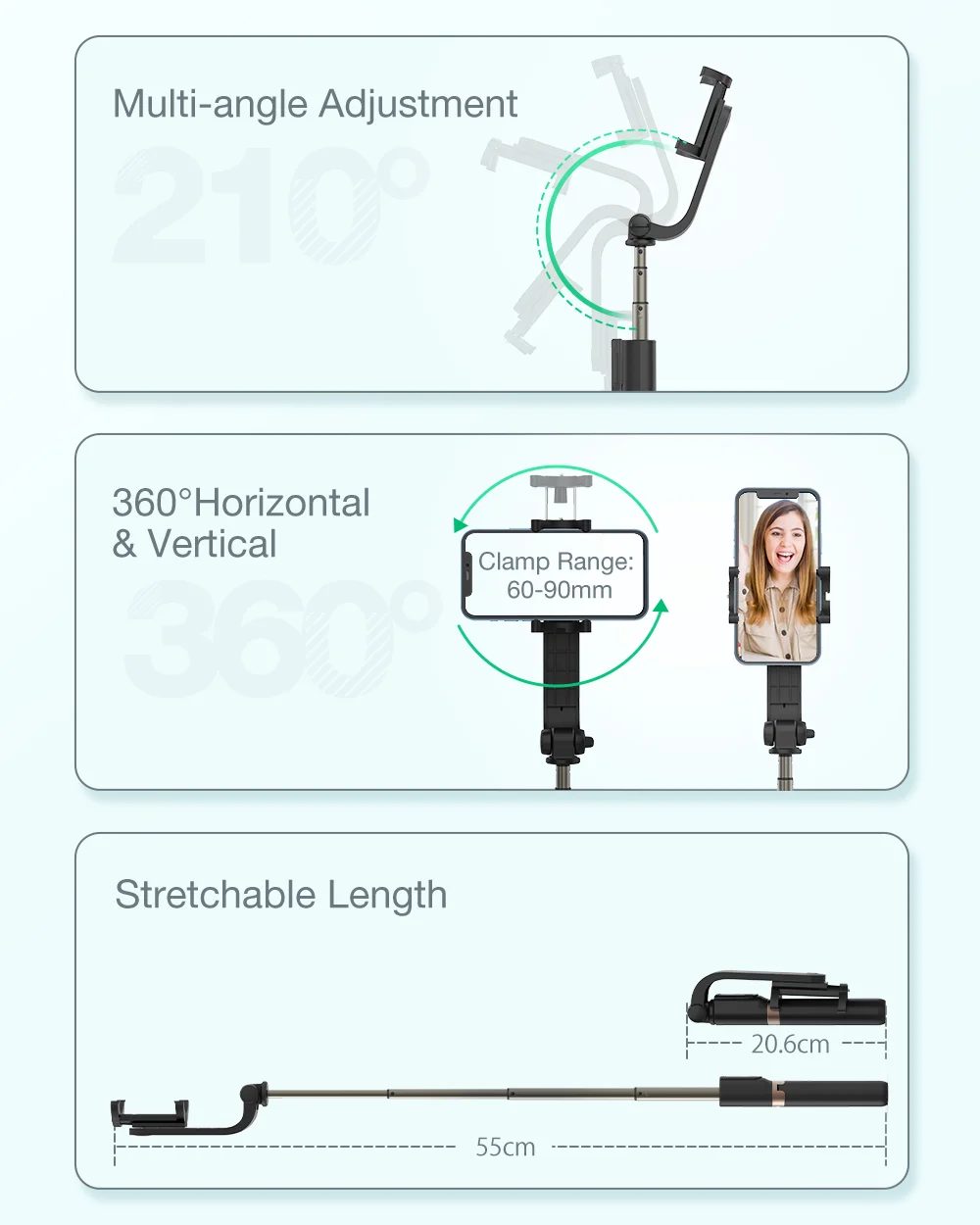 BlitzWolf BW-BS15 Tripod Selfie Stick with Fill Light & Microphone description image 2