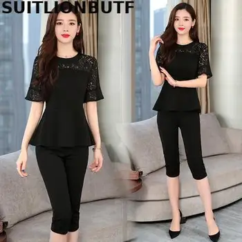 

2020 Summer Plus Size Two Piece Outfit Set Lace Patchwork Flare Sleeve Slim Blouse Ropa Mujer Pencil Pants OL Conjuntos Feminino
