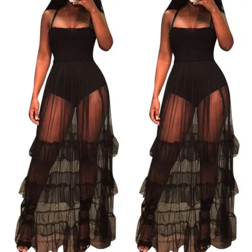 New Women Mesh Sheer Lace Tutu Long Maxi Dress Ladies Sundress Summer Vestidos Perspective Ruched Swing-type Sleeveless Dresses long sleeve wedding dresses Dresses