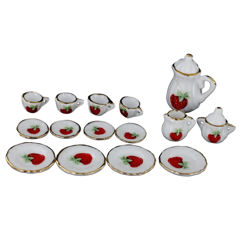 

1/12 Dollhouse Miniature Dining Ware Porcelain Tea Set 15pc Strawberry Pattern