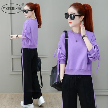 

Fashion wide leg pants suit for women spring new loose casual sports two-piece suit plus size suit hoodies sudadera mujer gothic