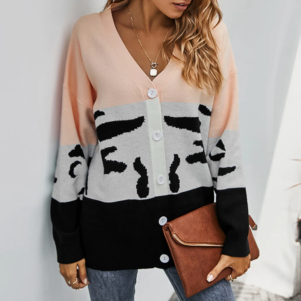 

2020 Women Patchwork Cardigan With Pockets Autumn Winter Open Front Casual Knit Sweater Coat Loose Ladies Sweaters Cardigans D30
