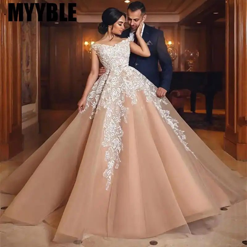 Myyble Vintage Ball Gown Wedding Dresses 2020 Champange Off Shoulder Lace Up Back Turkey Bridal Gown Train Vestidos De Noiva Aliexpress