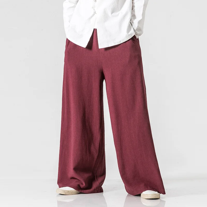 Хлопковые льняные Экстра широкие брюки для мужчин китайский стиль Мужские Модные свободные удобные брюки