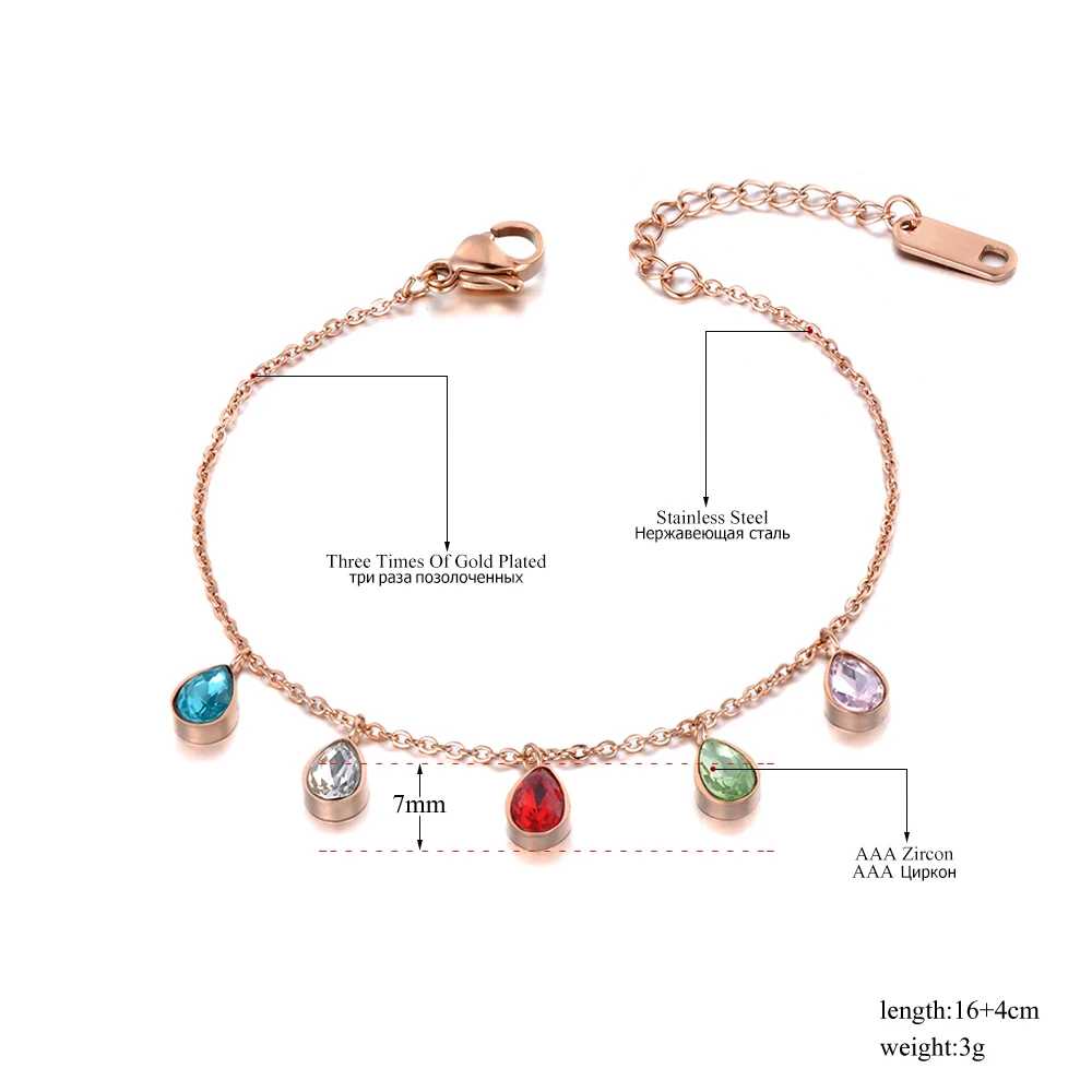 Lokaer Trendy Colorful Water Drop CZ Crystal Bracelet Bangle For Women Stainless Steel Link Chain Bohemia Beach Jewelry B19089