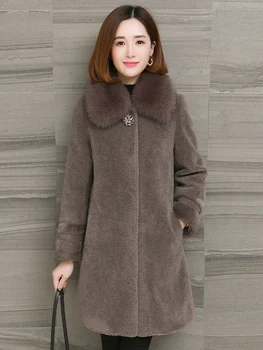 

Real Winter Women Sheep Shearling Wool Coat Female Fox Fur Collar Suede Lining Jacket DN623 MY1253