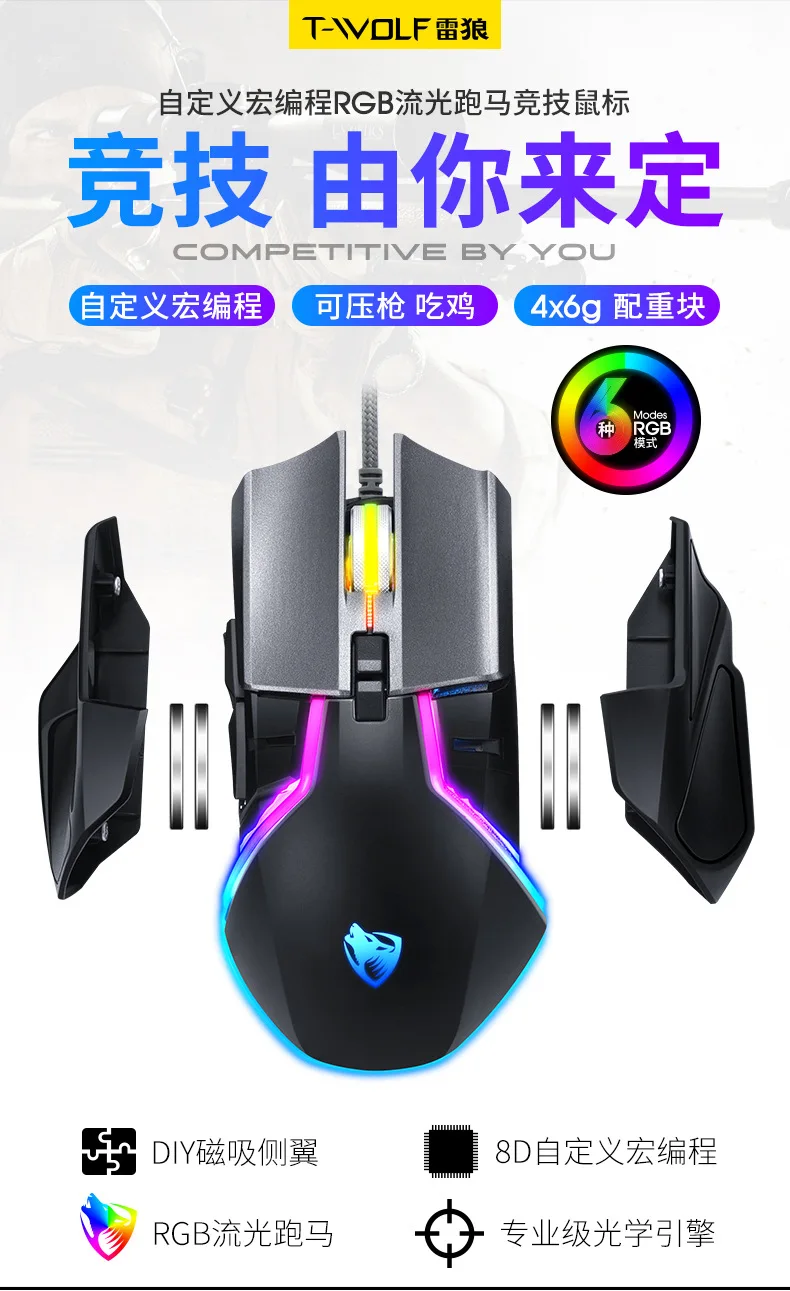 Игровая мышь для T-WOLF V9/V11, проводное программируемое освещение, эргономичная USB компьютерная мышь, RGB игровая мышь для ПК, 8 кнопок для ПК