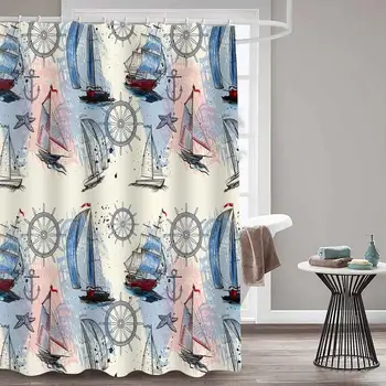 

Abstract sailboat pattern Shower Curtain Sail Old Boat Sketch Ship Wheel Compass Anchor Marine Bathroom Shower Curtain With Hook