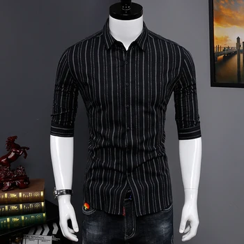 

Black Striped Shirt Men 2020 Summer Half Sleeve Cotton Mens Dress Shirts Casual Slim Fit Button Clothes XXXL