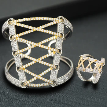 

GODK Luxury Wide Corset 2PC Bracelets/Ring Luxury Cubic Zirconia Open Bangle Rings Trendy Girls Women Patry Wedding Jewelry Sets