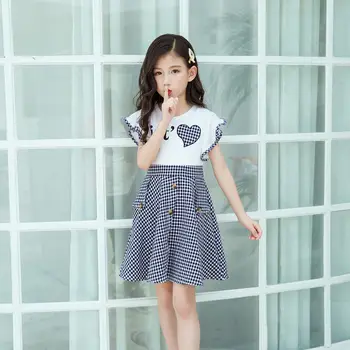 

Baby Girl Patchwork lattice Dress Fashion Plaid Flying Sleeve Princess Button Dress Mesh Stitching Kids Dresses for teens Girls