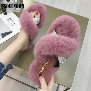 

Winter Women Slippers Rhinestone Cute Faux Fur Slides For Girls Female Adult Fluffy Home Shoes Flip Flops Fashion Fuzzy Slides