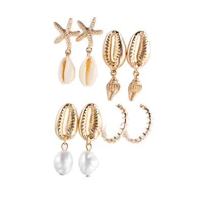 4pair/1set Boho Gold Beach Shell Starfish Conch Pearl Drop Dangle Earrings for Women Beach Piercing Earring Gift F02101