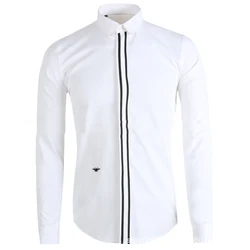 Nova camisa de manga comprida masculina placket hit cor fita pequena abelha bordado preto branco tamanho pequeno camisa de algodão bottoming camisa
