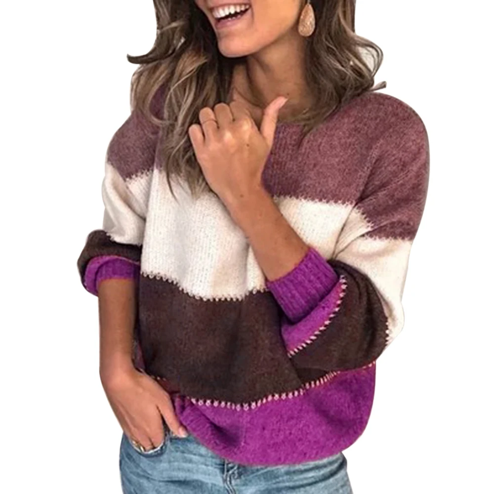 Wenyujh, осенне-зимний Леопардовый свитер, пуловер для женщин, Повседневный, полосатый, вязаный, более размера d, свитера, джемпер, топы для женщин размера плюс - Цвет: Purple-02
