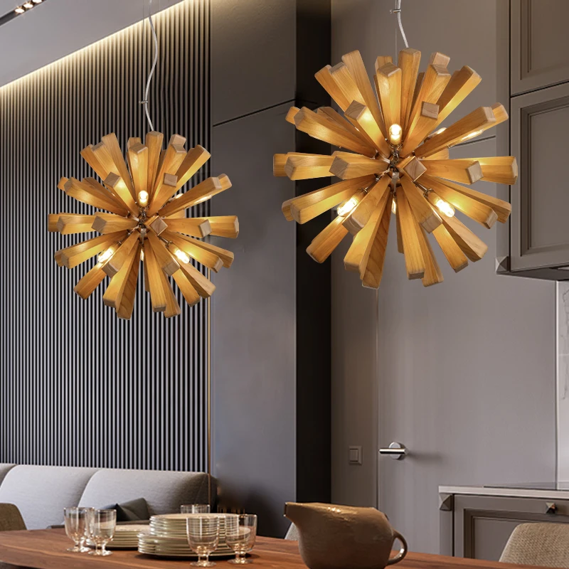 

Dandelion Ball Wooden Pendant Lights Hanging Solid Wood Lamps Dinning Room Restaurant Fixtures Indoor Decoration Pendant Lamp