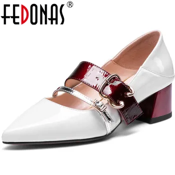 

FEDONAS Slip On New Patent Leather Women Metal Decoration Party Point Toe Thick Heeled Elegant Spring Summer 2020 Shoes Woman