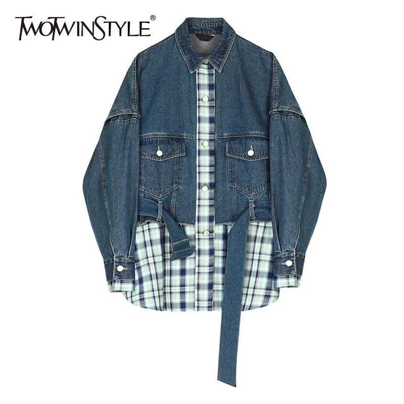 TWOTWINSTYLE винтажные Лоскутные Джинсовые клетчатые куртки для женщин воротник с лацканами с длинным рукавом на шнуровке женские пальто Модная одежда