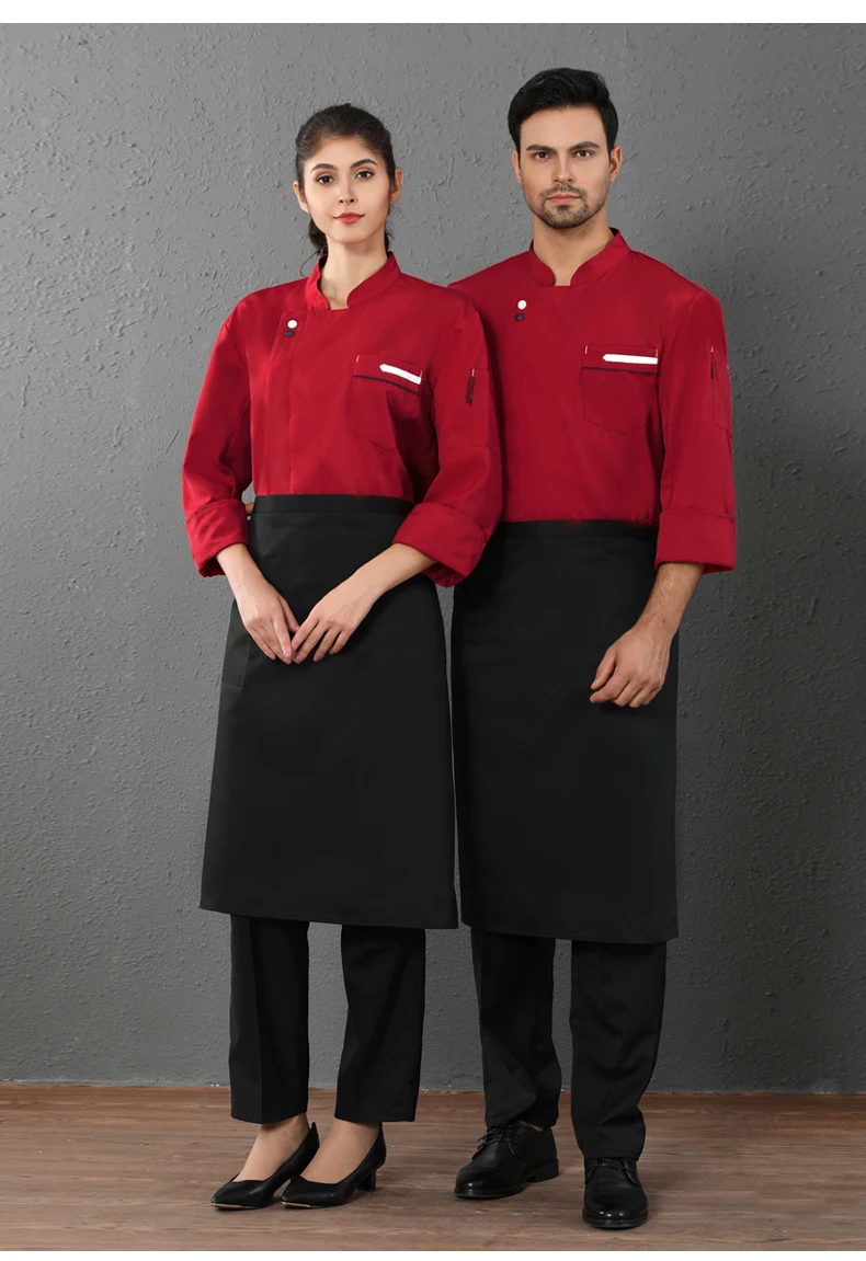 Две пряжки сплошной цвет длинный рукав шеф Униформа кухня поварской китель дышащий унисекс отель кафе Парикмахерская рубашка официанта