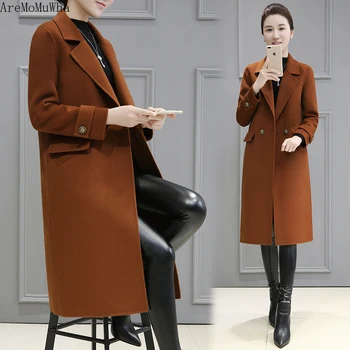 

AreMoMuWha Caramel Color 2019 Korean Version Popular Over The Knee Coat Loose Loose Thin Long Woolen Coat Female coat women 1305