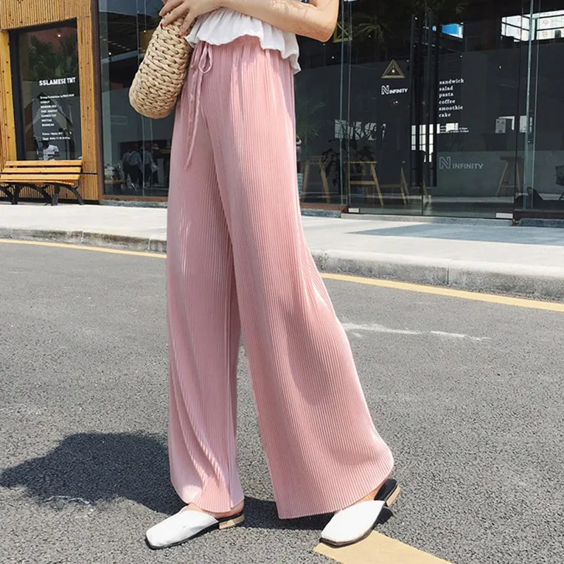 

2019 Female Loose Fashion Drawstring High Waist Trousers Women Summer Solid Color Loose Wide Leg Pants Straight Casual Pants