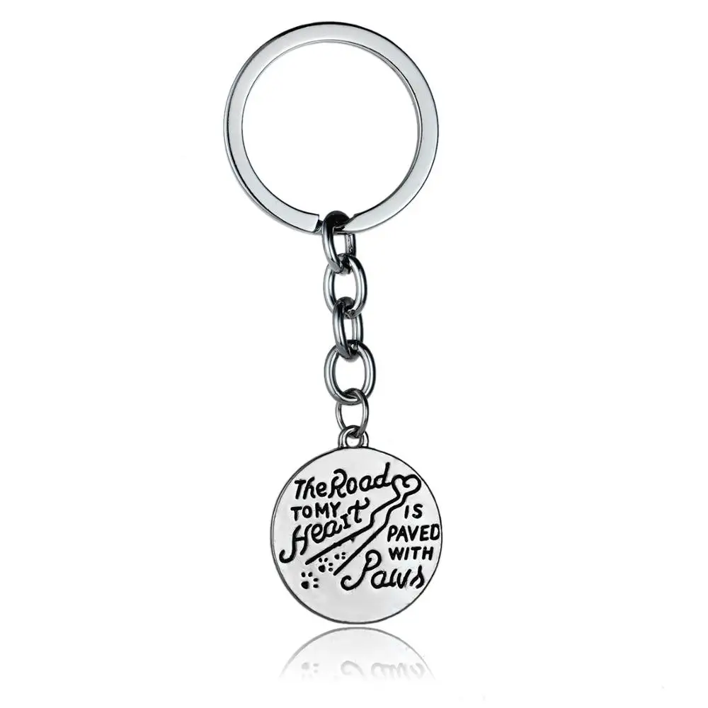 

12PC The Road To My Heart Is Paved With Paws Keyring Round Charm Pendant Keychains Pet Prints Animals Lovers Women Men Key Rings