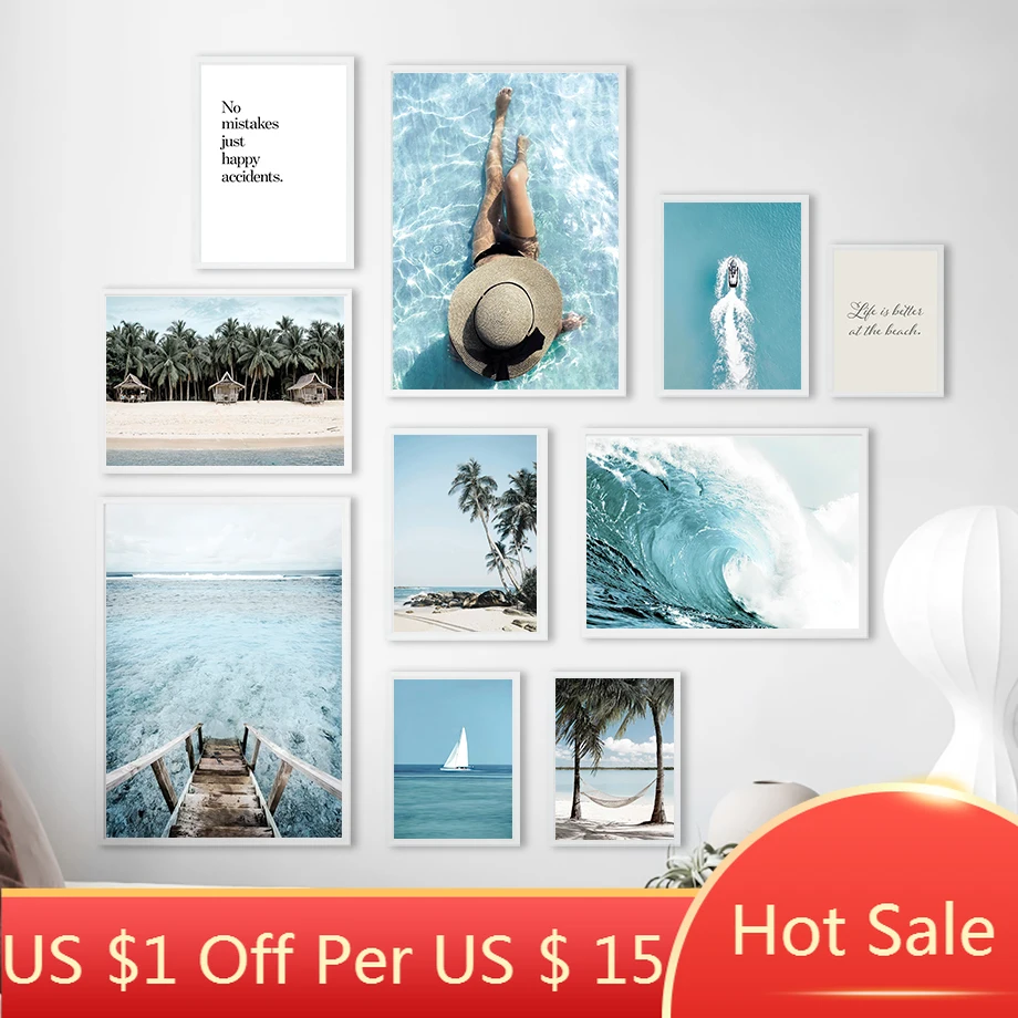 Sea Beach Canvas Painting Coconut Tree Sailboat Waves Wall Art Nordic Posters And Prints Pictures For Living Room Decor | Дом и сад