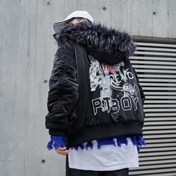 

Winter Jacket Men Detachable Fur Hooded Coat Cotton Padded Jacket Men Thick Warm High Street Style Couple Streetwear