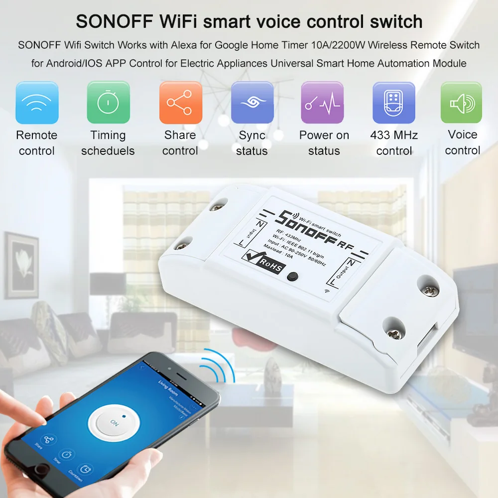 SONOFF Wifi переключатель RF 433 МГц работает с Alexa для Google Home 10A/2200 Вт беспроводной переключатель с функцией синхронизации пульт дистанционного управления