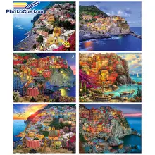 PhotoCustom Acylic Pictures By Numbers Seaside House Landscape Paint on Canvas Coloring Paint Art Pictures Home Decor gift