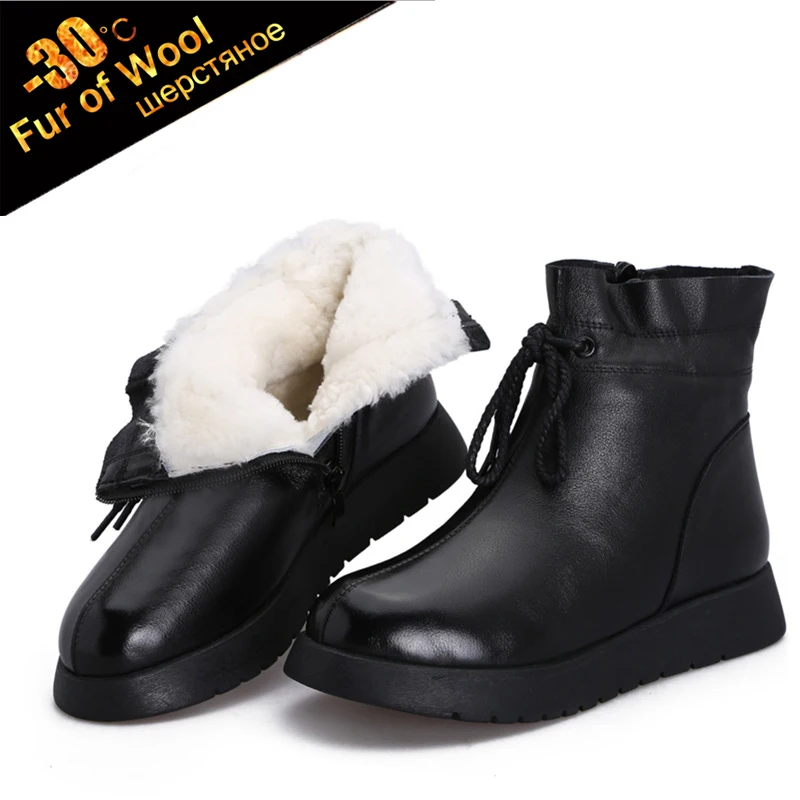 30℃ Wool Fur warm Cow Leather ankle boots women winter Genuine Leather botas Lace up plush Cotton snow Boot Slip On shoes