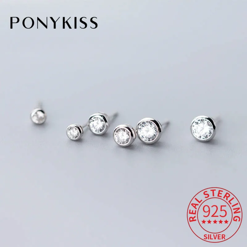 

PONYKISS Real 925 Sterling Silver Zircon Round Stud Earrings Summer Delicate Fashion Earrings Women Party Fine Lovely Accessory