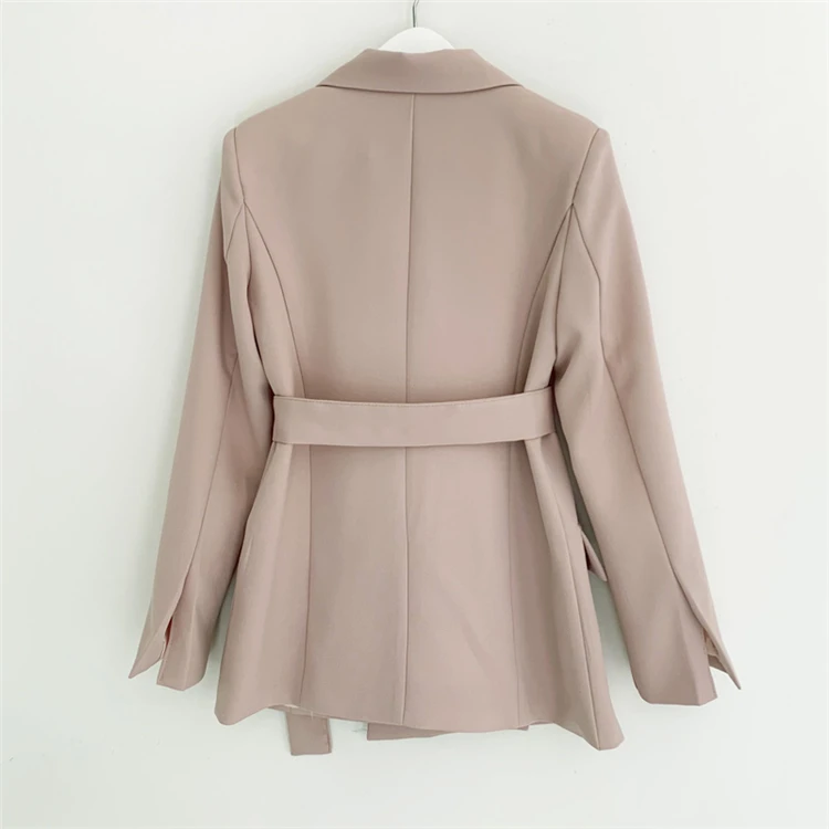 Pink office Autumn Winter Women Jackets Office Ladies Lace Up Formal Outwear Vintage Elegant Solid Pink Black Women Clothes belt