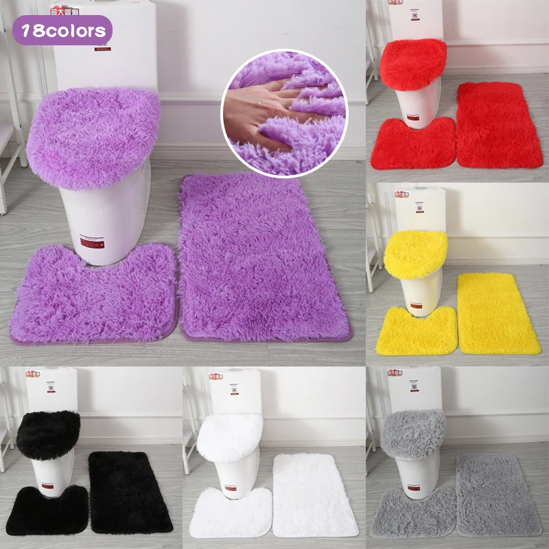 

New Absorbent Bathroom Toilet Cover Wc Carpet Bath Toilet Cover 3 Pieces Solid Color Non-slip Bath Mat Winter Bathroom Supplies