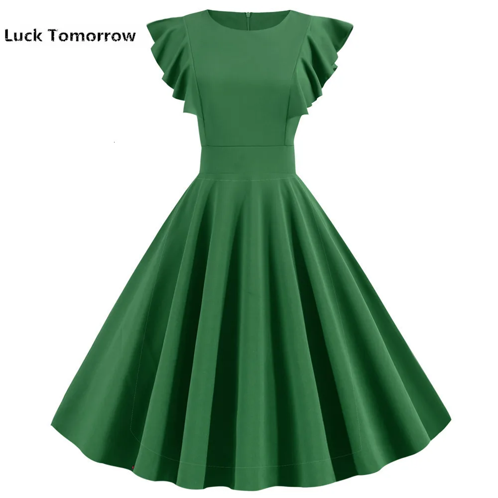 

2019 Summer Green Petal Sleeves Cocktail Party Vintage Dress 50s 60s Elegant Robe Femme Casual Solid Slim Office Dress Vestidos