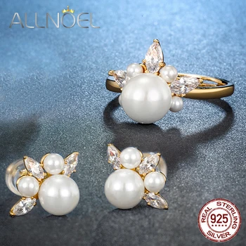 

ALLNOEL Real 925 Sterling Silver Real Zircon Pearl Jewelry sets Female Personality Gift Box Wedding Fine Jewelry 2019 New