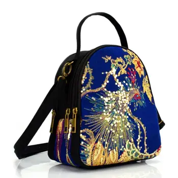 

Women Canvas Crossbody Shoulder Bag Ethnic Handmade Sequins Peacock Floral Embroidered Handle Top Vintage Zipper Handbag