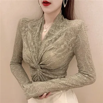 

Scheming V-neck Lace Base Shirt Women's 2020 Spring New Style Korean-style Thin Slim Fit Slimming Long Sleeve Underwear Tops