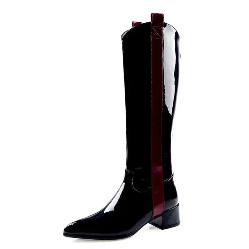 Odetina Women Fashion Pointed Toe Mixed Colors Knee High Boots Lady Patent Leather Side Zipper Block Mid Heel Winter Long Boots