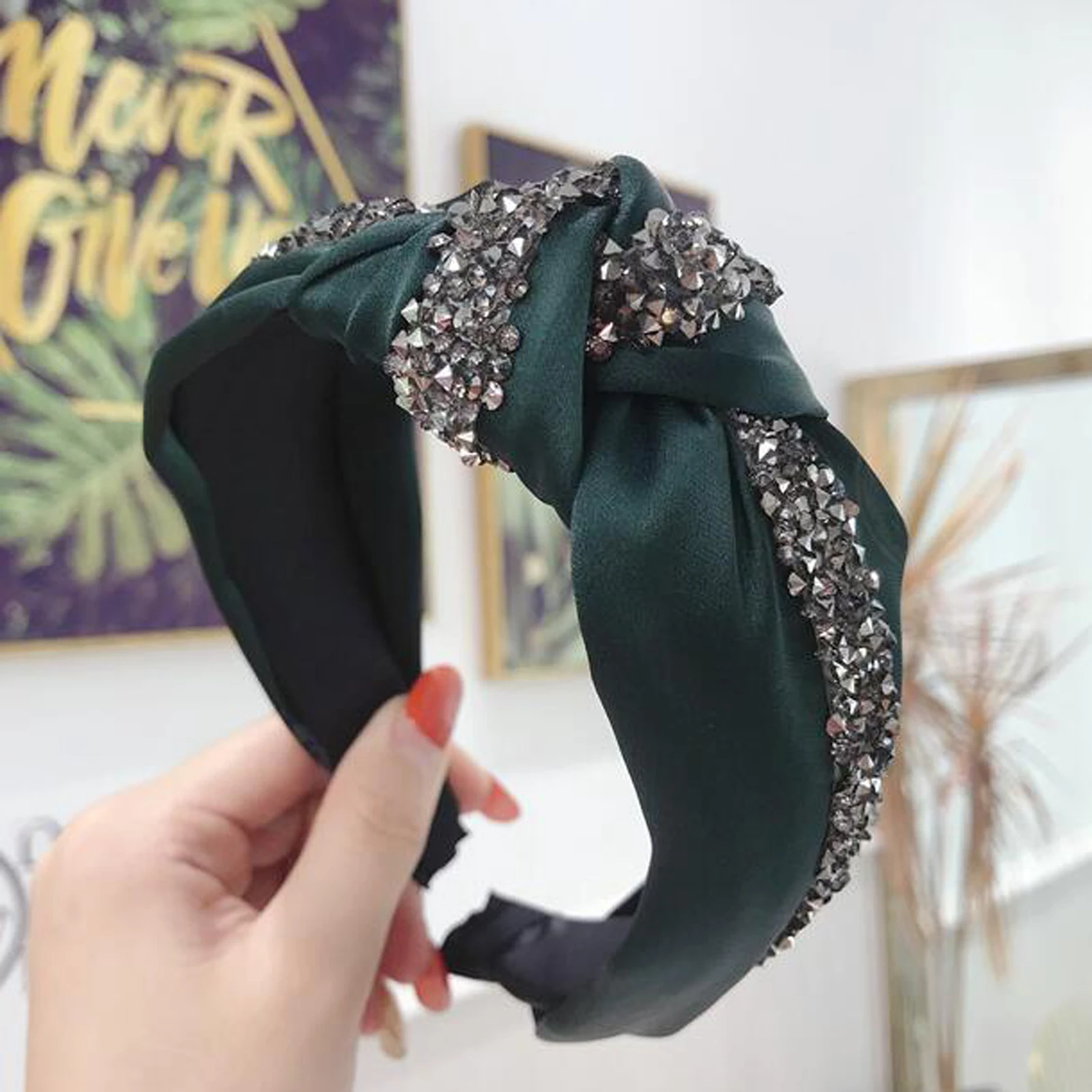 Fashion Shining Rhinestone Hairband Headband Women Wide Side Headwear Solid Casual Headwear Turban Hair Accessories Wholesale