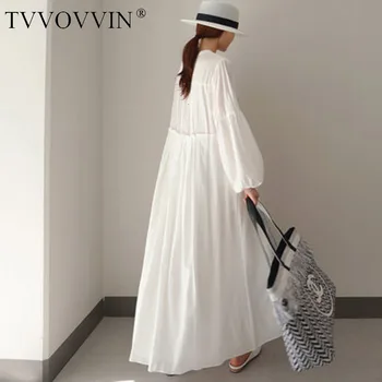 

TVVOVVIN 2020 Autumn New Casual Fashion Temperament Women Loose Solid Color Elastic Waist Lantern Sleeve V-neck Dress C511