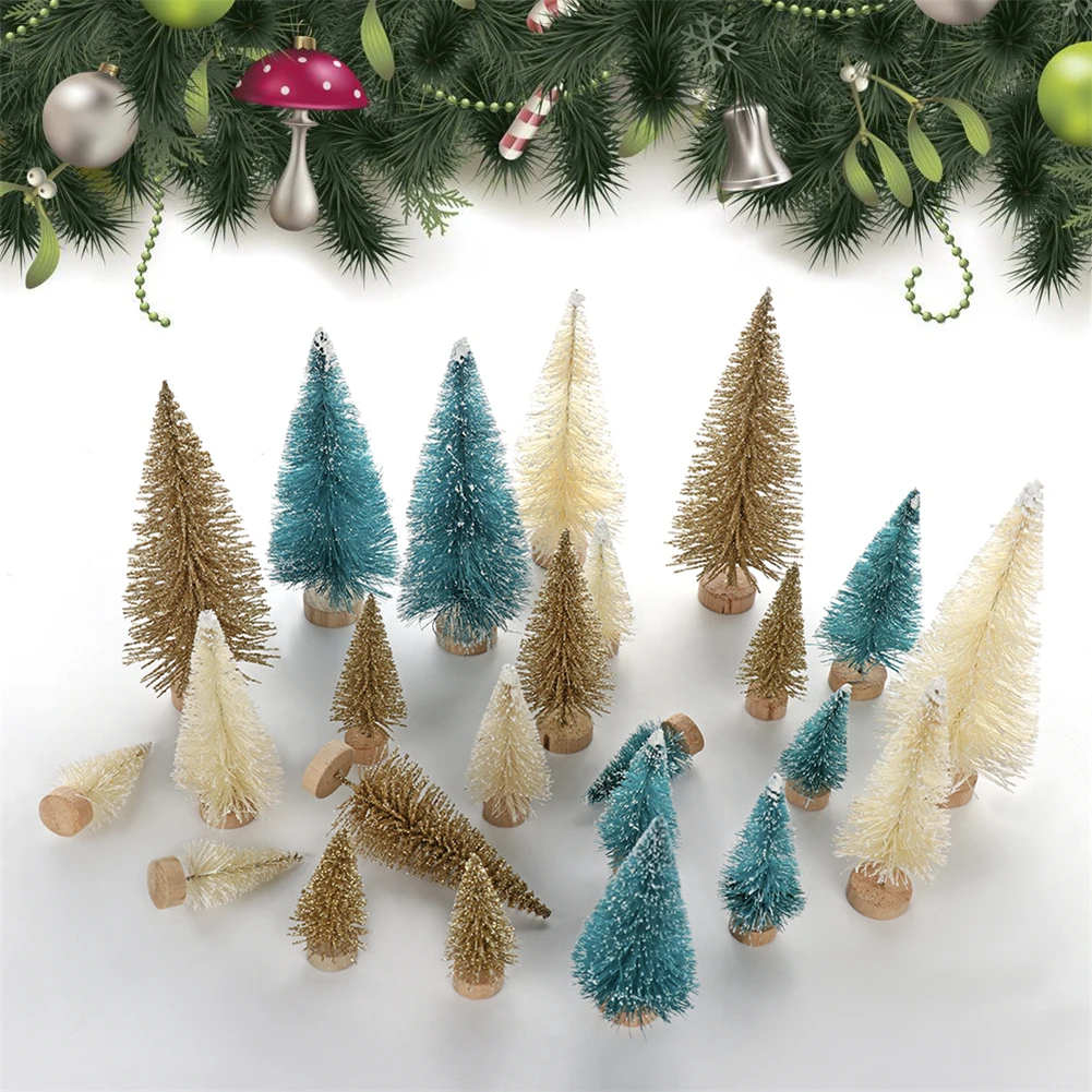 

33 Pcs Artificial Frosted Sisal Christmas Tree Decorations Wood Base DIY Crafts Mini Small Pine Tree for Christmas Decor S20