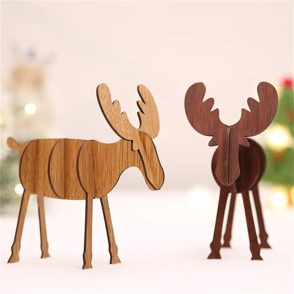 SEAAN Wood Christmas Elk Deer Ornaments Xmas Tree Hanging Desktop Decoration Gift Top Xmas Table Decoration