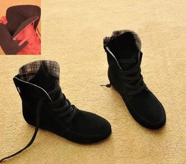 Zapatos mujer Tobillo Plano Nieve Moto Botas Mujer Gamuza Cuero Encaje-up Botas De Invierno Botas Mujer Nieve Botas - Цвет: black Plus velvet
