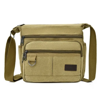 

PosBuy Men One Shoulder Bag Canvas Leisure Solid Color Khaki Messenger Crossbody Zipper Bag Outdoor Business Travel Satchels Sac
